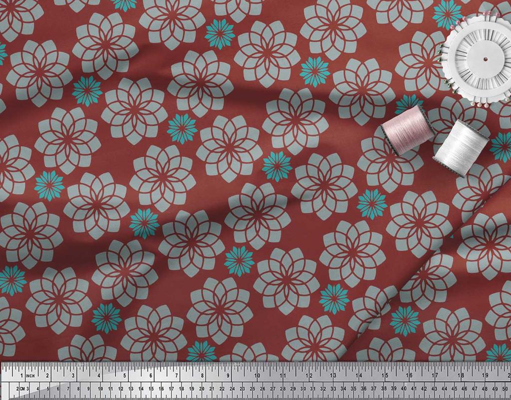 Soimoi Red Japan Crepe Satin Fabric Artistic Flower Mandala Print Fabric by Metre 42 Inch