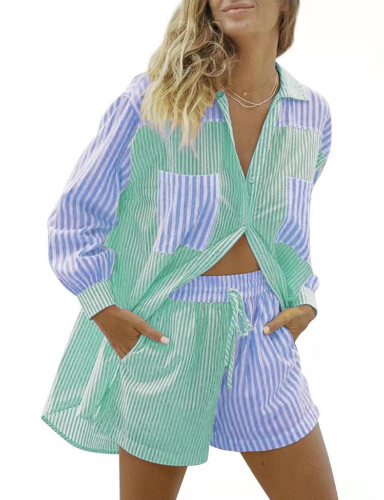 European-American Striped Lapel Shirt Suit with Shorts: Women's Casual Loose-Fit, Single-Breasted, Pocket Design