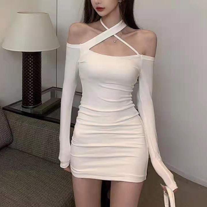 Plain Color Off Shoulder Long Sleeve Dress With High Waist For Office And Casual Wear