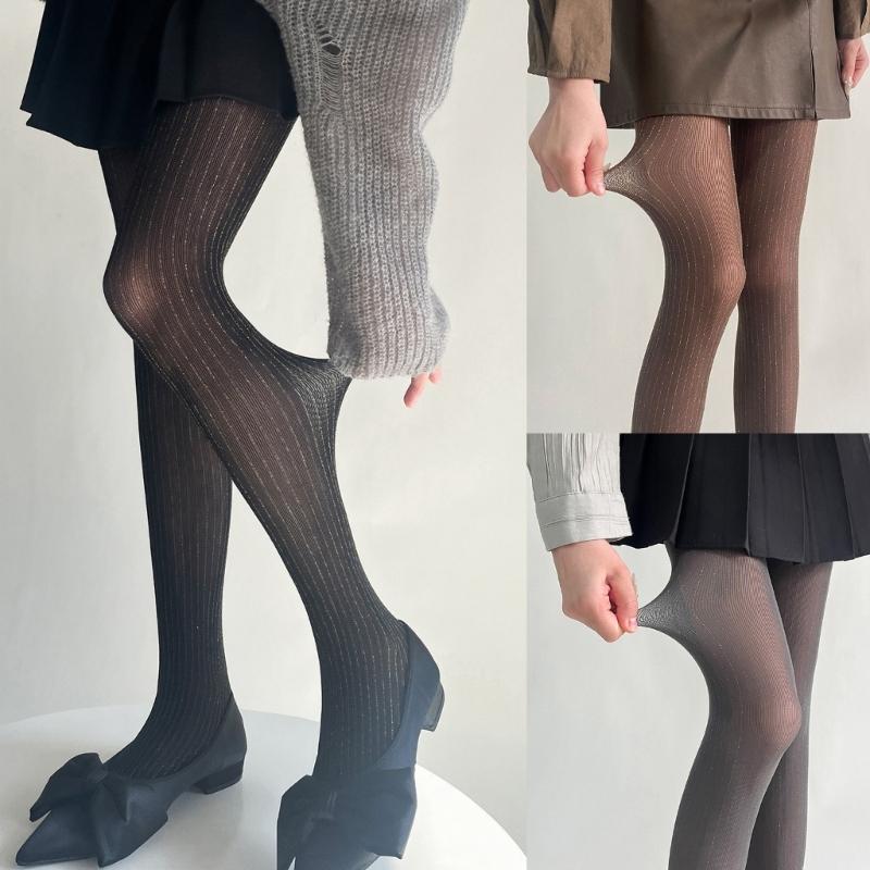 Women Thin Colored Stockings Shimmering Striped Sexy Semi Sheer Pantyhose Tights