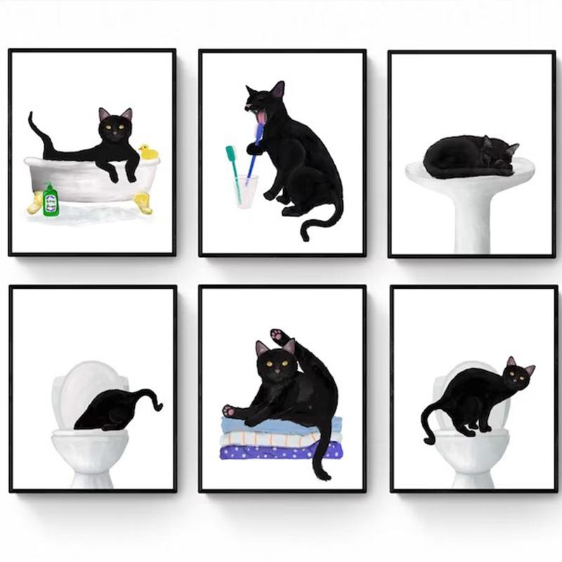 Смешной современный милый черный кот в ванной художественные постеры украшения холст картины и принты для ванной комнаты туалет гостиная декор