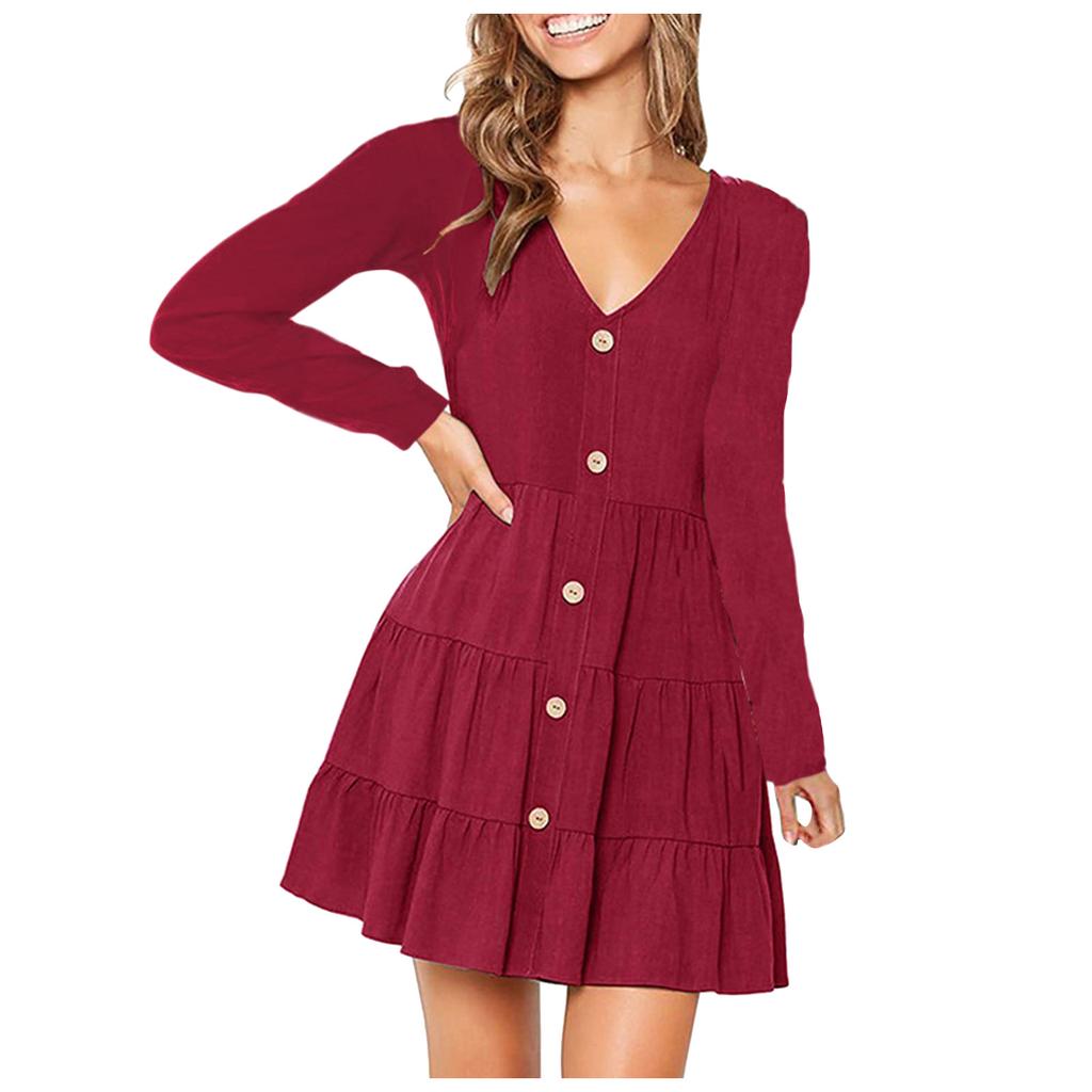 Women's Casual Button Down Long Sleeve V Neck Flowy Loose Fit Swing Cute Short  Dress