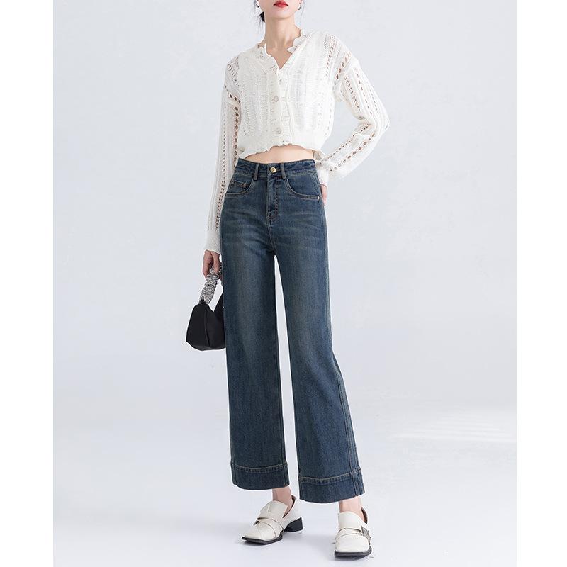 Модные девятиточечные джинсы для женщин Весенний новый стиль Маленькая высокая посадка Свободные Прямые брюки Слим