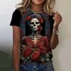 Summer Round Neck 3D Rose Skull Pattern Printed Top Fashionable Casual Short Sleeved Women's T-shirts