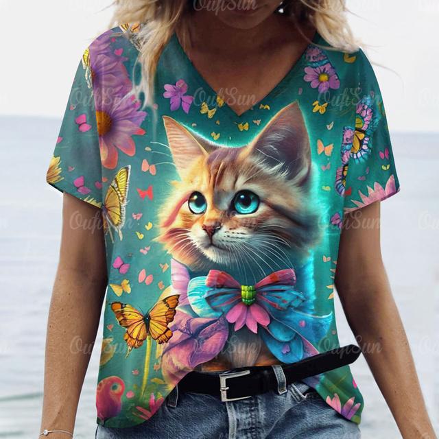 Летняя модная женская одежда с v-образным вырезом, большие размеры, футболки с короткими рукавами, женская повседневная футболка с принтом животных, трендовая милая блузка