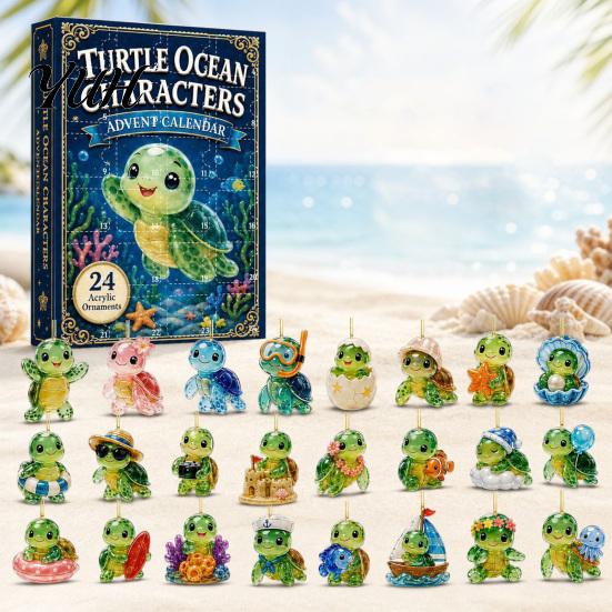 Ocean Turtle Hanging Ornaments 24 Days Advent Calendar, Blind Box, Christmas Acrylic Collectible Desk Animal Pendants for Tree And Holiday Party