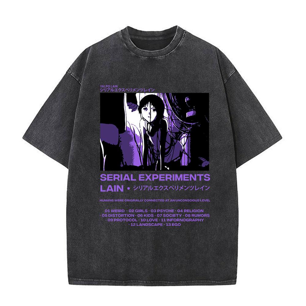 Serial Experiments Lain Anime Vintage Washed T-Shirt Manga Iwakura Girl Sci Fi Short Sleeve T-shirts 100% Cotton Casual T Shirt