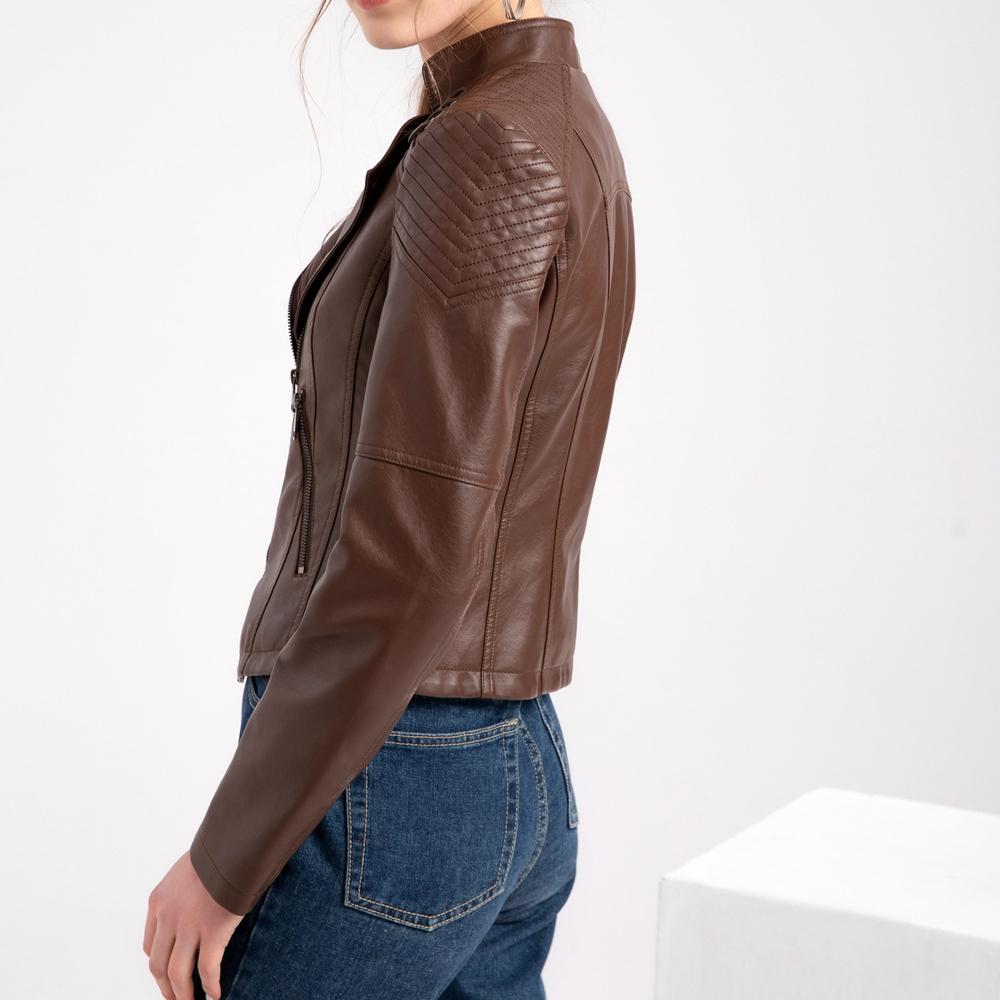 GMXIA Women's Solid Color Print Spring and Autumn Female Leather Dress Female Short Jacket Slim Slim Long Sleeve POLO Neck Jackets & Coats