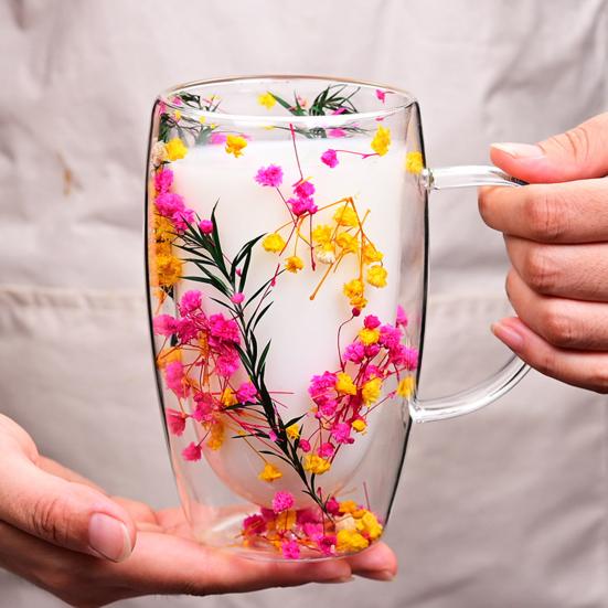 Кружка из стекла с двойными стенками с блестками в виде цветов внутри, 450 мл, большой объем, термостойкая, прозрачная кружка, креативная чашка для завтрака и кофе