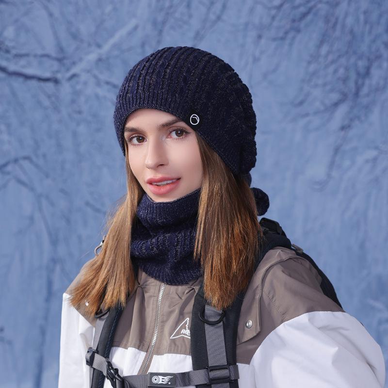 Winter Outdoor Warm Hat Scarf Two-piece Set Fleece Ear Protector Pullover Hat Women's Cold-proof Knitted Wool Hat