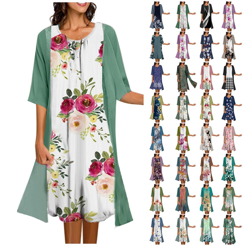 Women's Two-piece Dress Printed Vest Medium Length Dress Cardigan Jacket Suit
