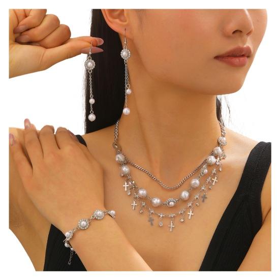 3Pcs/Set Women Jewelry Set Rhinestones Inlaid Imitation Pearls Charm Necklace Drop Earrings Bracelet Set Dating Commuting Jewelry