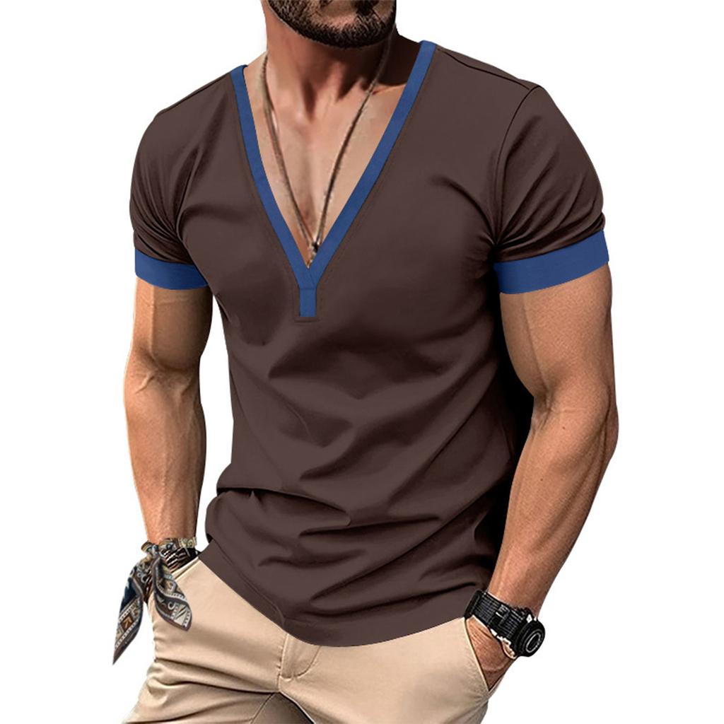 Men'S Fashionable Casual V-Neck T-Shirt Button Short Sleeved Top