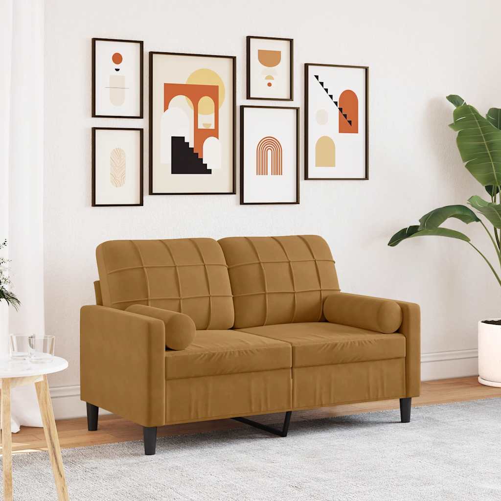 2 Seater Velvet Sofa with Decorative Cushions Brown 120 cm