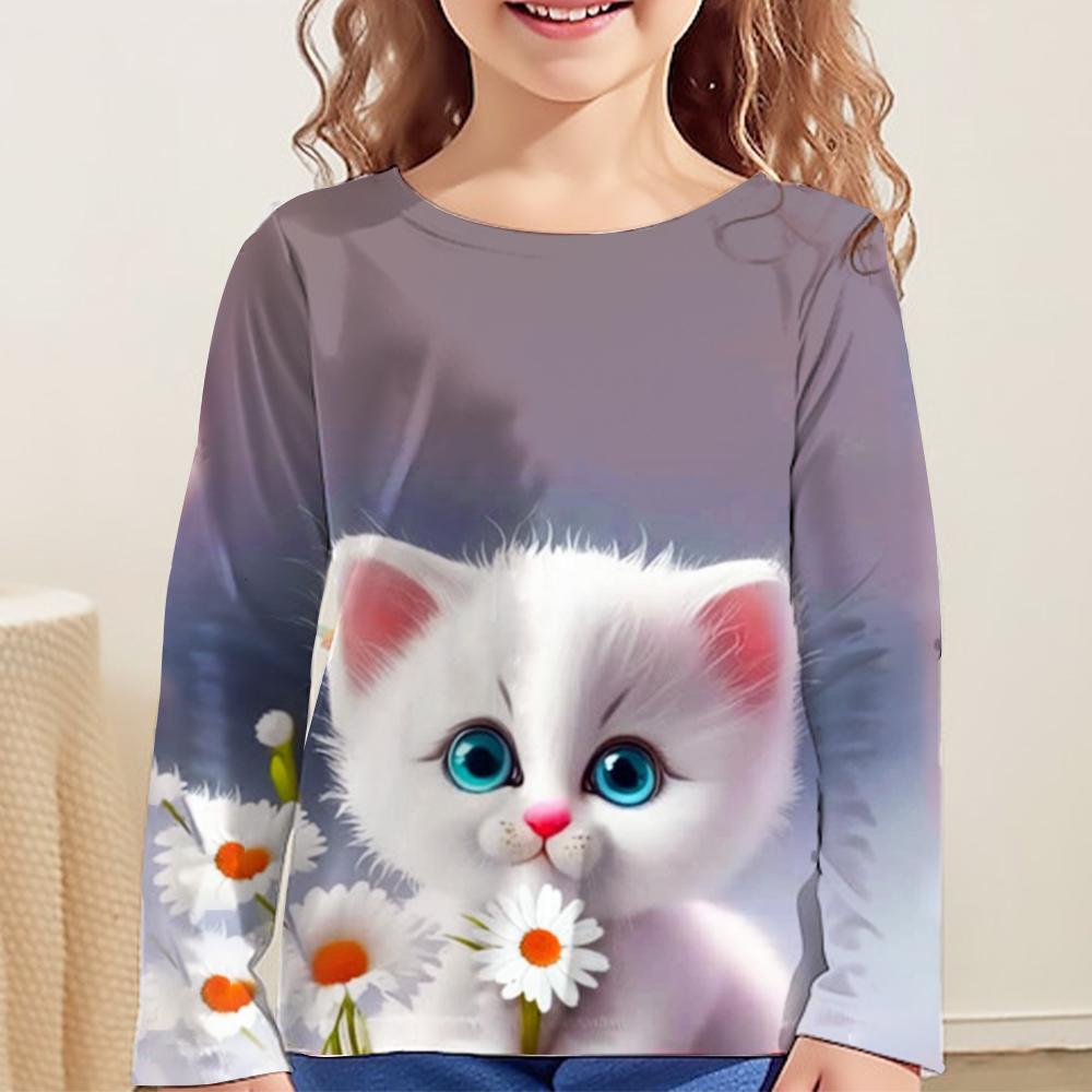 Одежда для девочек Футболка с котами Футболки с длинным рукавом Футболки с девчачьим принтом Топы Детская одежда Модная принтовая летняя одежда для девочек