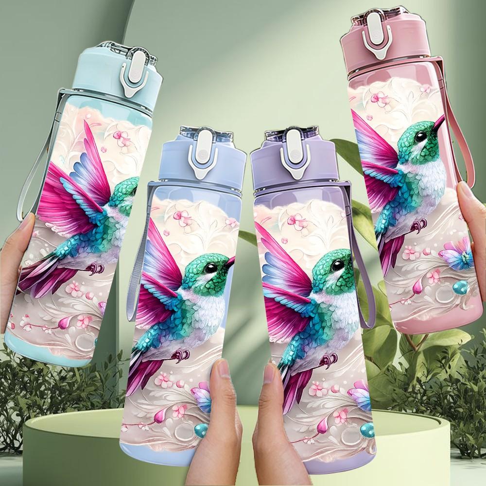 1PC Hummingbird Pink Watercolor Bird Print 750ml Color Plastic Sports Water Bottle Leakproof Flip Straw Lid Suitable for Sports Office Home Use