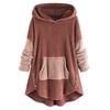 Women Fleece Patchwork Plush Button Hem Plus Size Hoodie Top Sweater Blouse