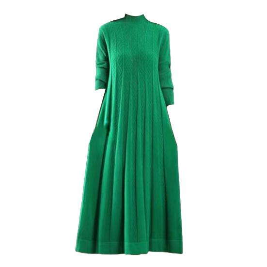 Женское осенне-зимнее трикотажное платье А-силуэта со свободным подолом, однотонное, с высоким воротником, защитой шеи, толстое, теплое, с длинными рукавами, плиссированное, длиной до середины голени, платье-миди