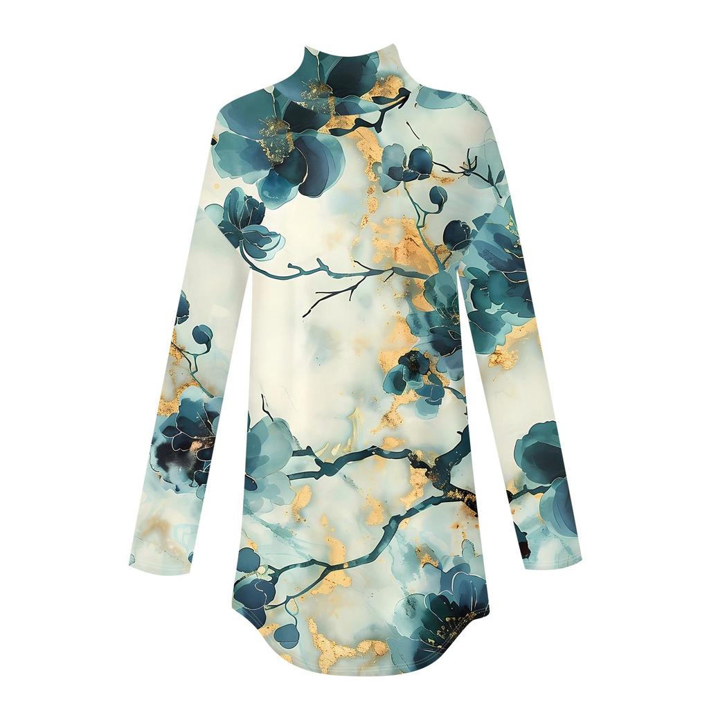 Женская модная повседневная футболка с длинным рукавом с высоким воротом и принтом, пуловер, топ