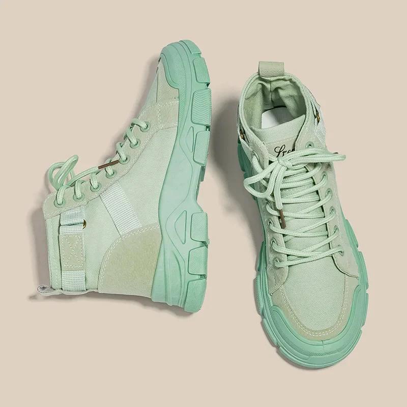 Модная Горячая Распродажа 2025 Самые продаваемые Тонкие Дышащие Высокие Кеды из Канвы Британский Стиль Обувь на Толстой Подошве Одинарные Ботинки Кроссовки на Платформе