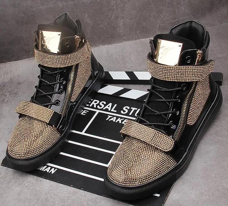 Модные новые дизайнерские мужские блестящие стразы высокие кроссовки повседневные туфли на плоской подошве скейтборд кроссовки на толстой подошве мужская обувь