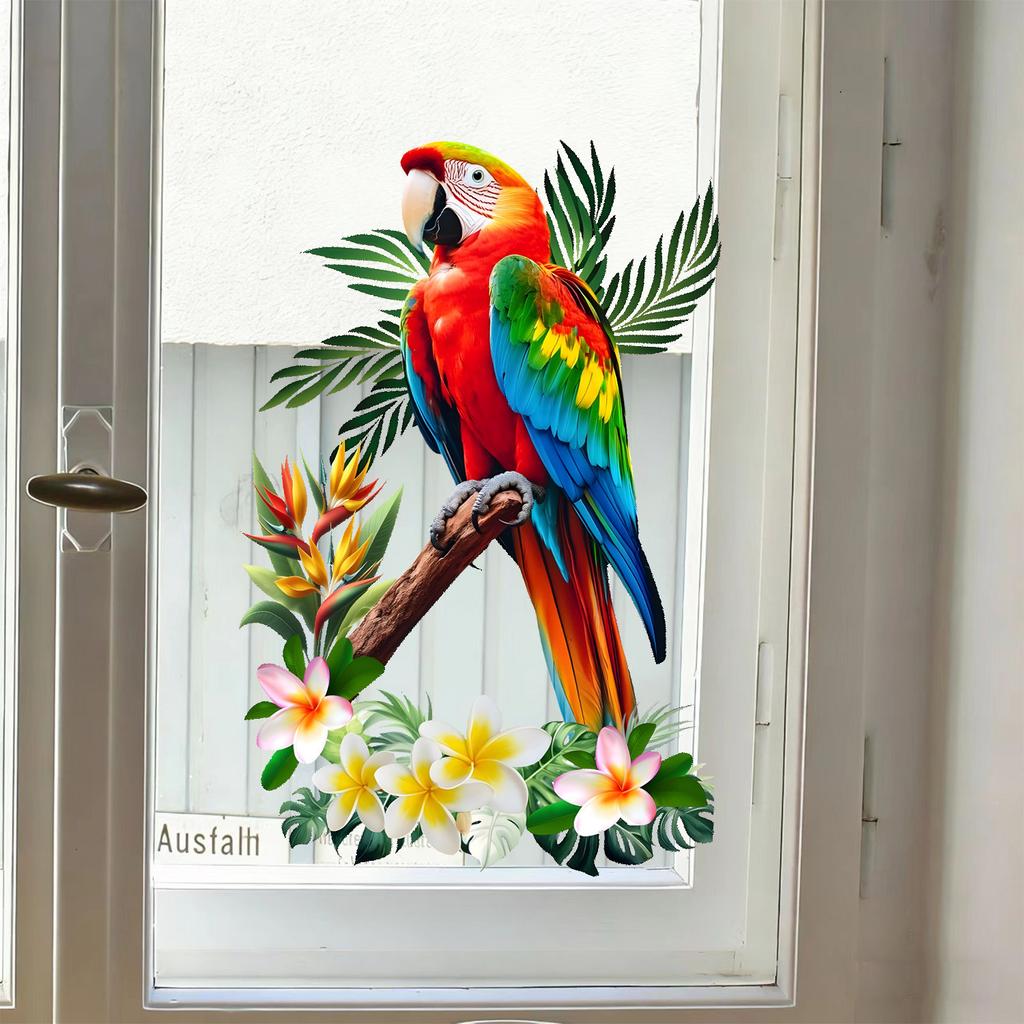 Tropical Macaw Static Cling Glass Sticker for Kitchen Living Room French Window Decor