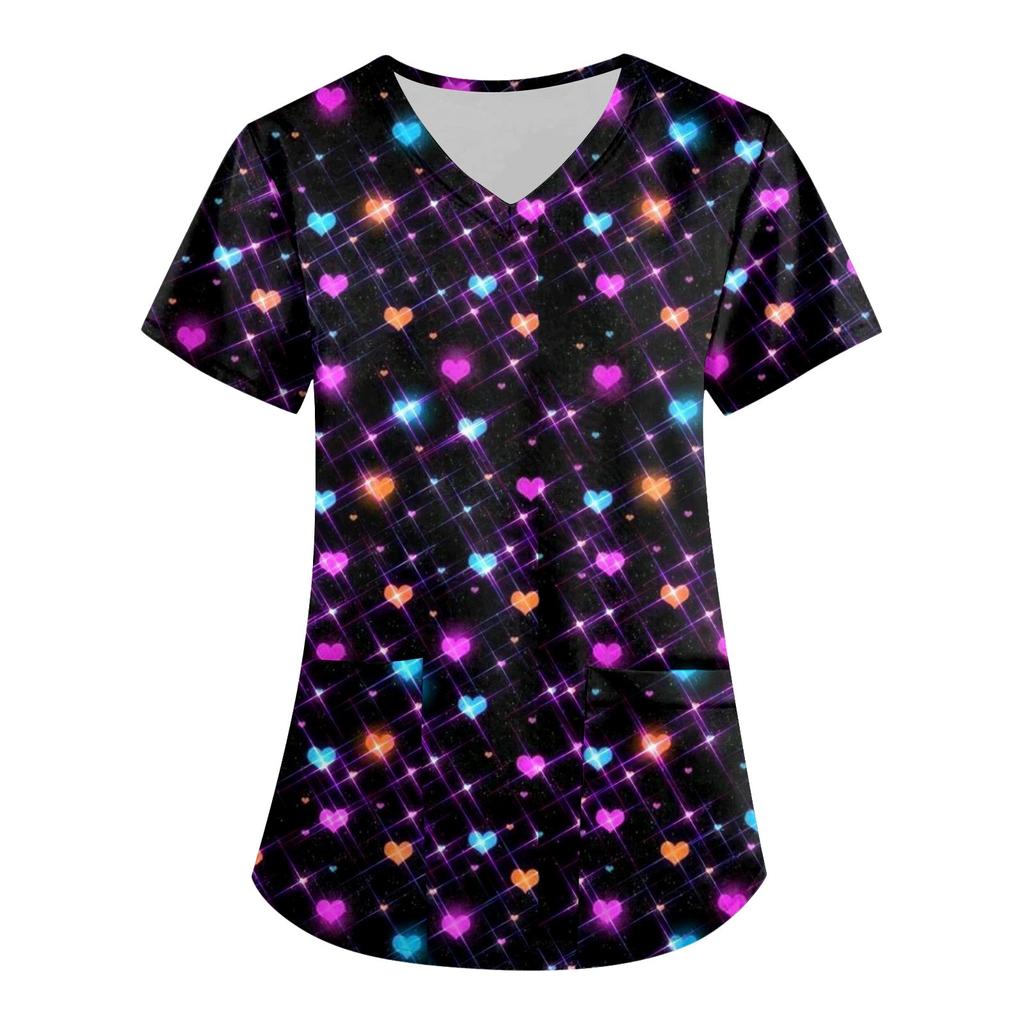 Женская мода, рабочая одежда с v-образным вырезом, короткими рукавами и карманами, топы с принтом ко Дню святого Валентина