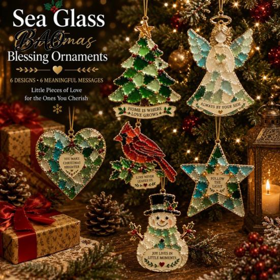 Seasonal Home Ornament 2Pcs Sea Glass Christmas Ornament, Seaglass Heart Bird Angel Tree Star Ocean Themed Hanging Ornaments Snowman Pendant, Handmade
