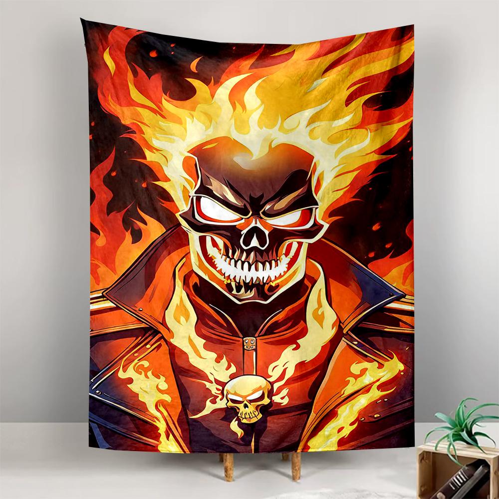 Tapestry Ghost Rider Flaming Skull Biker Jacket Fire Comic Superhero Wall Hanging for Motorcycle Fan Man Cave Bedroom Decor