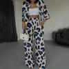 Женская рубашка с леопардовым принтом и длинным рукавом, блузка, костюмы, корейские свободные прямые брюки, комплекты из 2 предметов, женские повседневные женские брюки