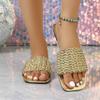 Fashion Luxury Gold Slip On Sandals Women 2025 Summer Square Toe Flat Heel Slides Sexy Light Weight Non Slip Beach Slippers Plus Size 43