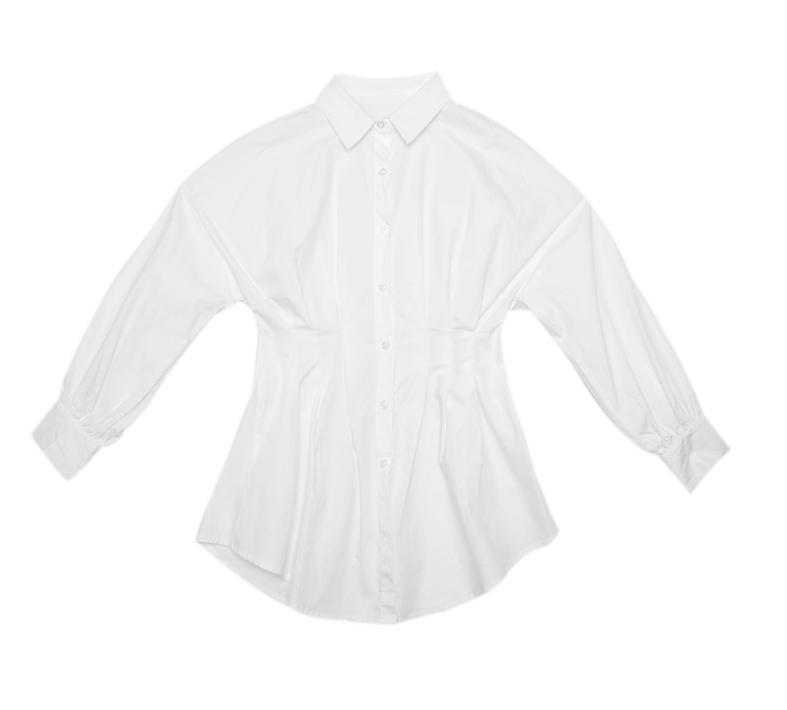 Женское платье-рубашка, офисное женское мини-платье с длинными пышными рукавами и v-образным вырезом, высокой талией, однотонное белое, черное, рубашка-туника с определенной талией