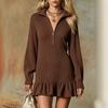 Women S Half Zip Ruffled Mini Dress Long Sleeve V Neck Casual