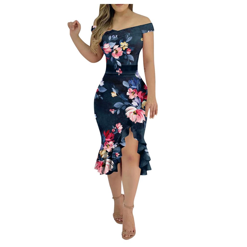 Женские повседневные платья для вечеринок с цветочным принтом, нерегулярный подол на одно плечо, сексуальное платье русалки с открытой спиной