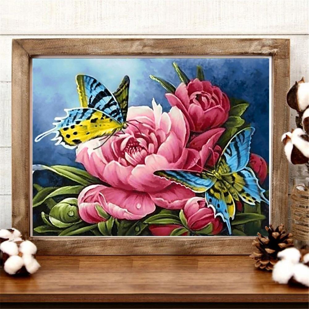 5D DIY Алмазная картина Пион Rhinestone Kit Алмазная вышивка Цветочная мозаика Бабочка Вышивка крестиком Подарок ручной работы