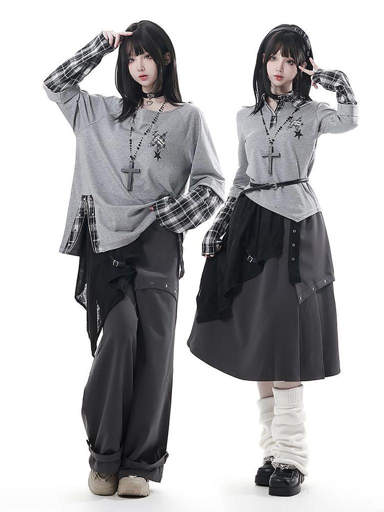 XHSUKADO Faux Yami Star Long Black Size M Women's School-Style Dress, Layered, Punk, Checkered, Subculture, Y2K, Kawaii, Shibuya, Harajuku, Print,