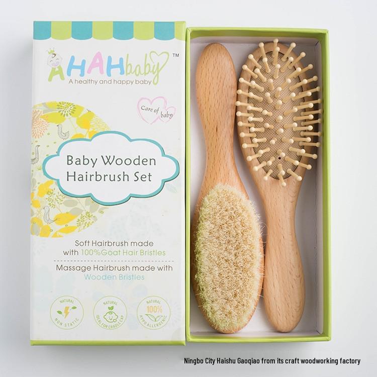 Beechwood Infant Hair & Bath Brush Set: Detangling, Massage, Air Cushion Brush & Flat Comb.