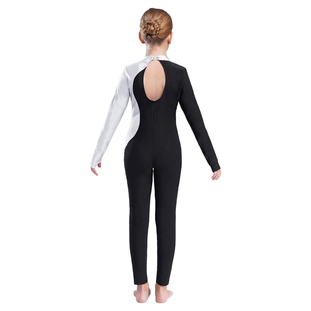 Блестящий комбинезон со стразами для девочек с длинным рукавом и круглым воротником, ажурная спинка, танцевальный наряд в стиле пэчворк