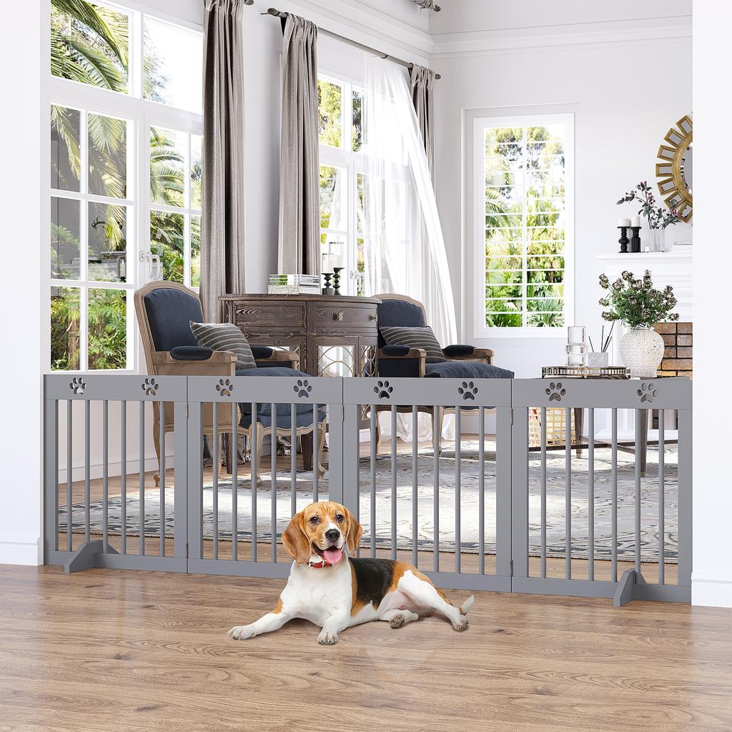 Freestanding Pet Gate 4 Panel Folding Wooden Dog Barrier W Support Feet