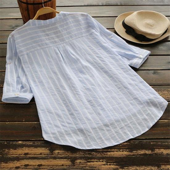 Fashion Women Vertical Stripe V Neck 3/4 Sleeve Button Loose Casual Shirt Blouse