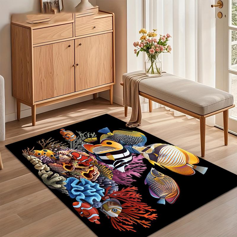 Vibrant Tropical Fish & Coral Large Area Rug- Black Background Marine Life Non-Slip Rug for Entryways Kids Rooms & Living Spaces