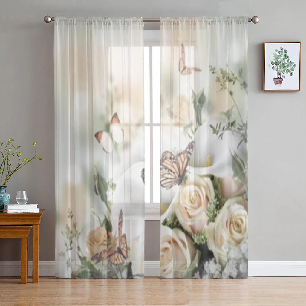 Yellow Roses And White Calla Lilies Butterfly Flower Tulle Sheer Curtains for Living Room Kitchen Decor Voile Organza Curtain