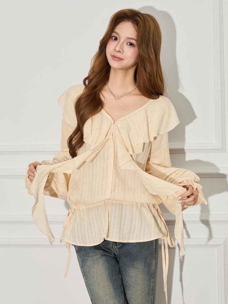 Women's French Apricot Ruffle V-Neck Lantern Sleeve Top