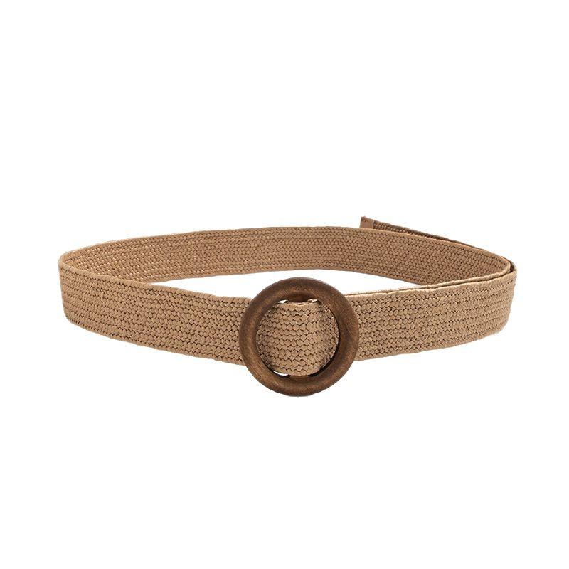 Пояс в богемном стиле с круглой деревянной пряжкой, натуральная кантри-стрейч-рафия, натуральный женский пояс, универсальный пояс для отпуска