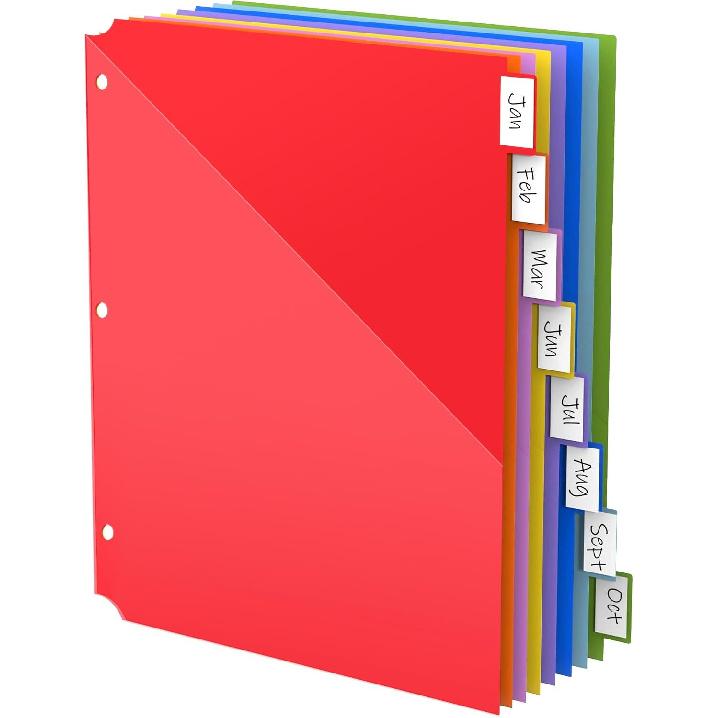 HABGP 8 Tab Dividers for 3 Ring Binder with Front Pocket, 8 Pcs Multicolor 3 Ring Binder Dividers with Tabs, Page Folder Plastic Tabbed File Dividers