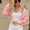 Women's Short Knitted Cardigan Autumn Winter Houndstooth Jacquard Loose V-neck Lantern Sleeve Knitted Sweater Coats for Women