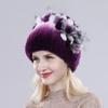 Winter Women Good Elasticity Real Rex Rabbit Fur Hats with Silver Fox Fur Lady Outdoor Warm Knitted Genuine Rex Rabbit Fur Cap