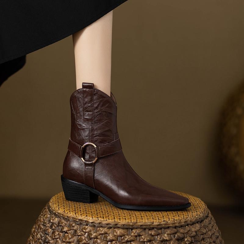 2024 New Autumn Women Boots Pointed Toe Women Shoes Chunky Heel Ankle Boots Winter Western Boots Cowboy Boots Genuine Leather