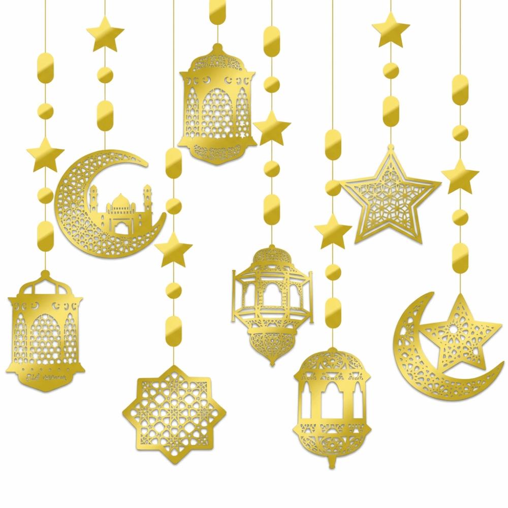 8Pcs Paper Garland Hanging Banner Pendant Star Moon Design Eid Mubarak Banner Home Decor