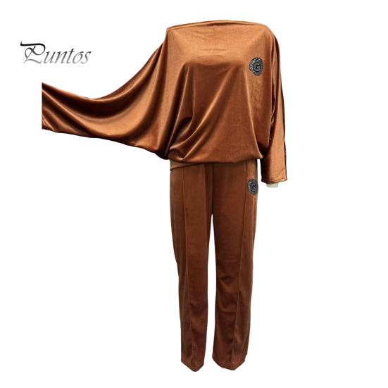 Женский комплект из 2 предметов: топ, брюки, бархатный круглый вырез, рукава «летучая мышь», блузка, широкие брюки, однотонный спортивный костюм на каждый день, осенне-весенний спортивный костюм